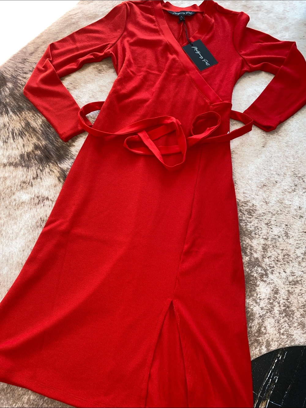 Aryn K Women’s Red Long Sleeve Wrap Midi Dress with Waist Tie